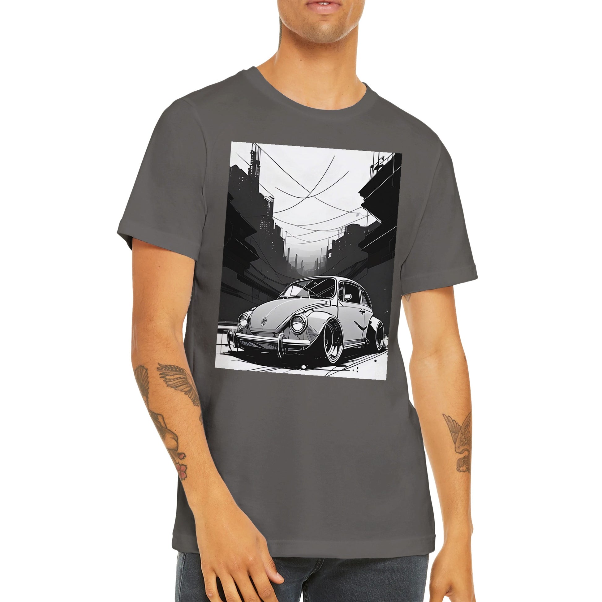 Men wearing grey t-shirt with car printed on it